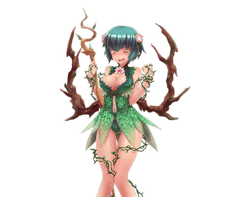 1girl, closed_eyes, dragon_providence, dress, dryad, flower, green_dress, hair_flower, hair_ornament, monster_girl, navel, official_art, open_mouth, plant, pointy_ears, short_hair, smile, solo, staff, standing, vines