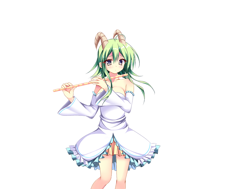 1girl, bare_shoulders, detached_sleeves, dragon_providence, dress, flute, goat_horns, green_hair