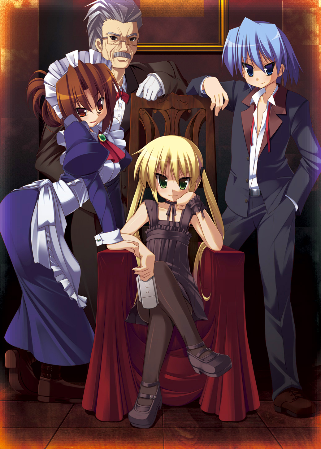 ayasaki_hayate, black_eyes, blonde_hair, blue_eyes, blue_hair, boots, brown_eyes, brown_hair, chin_rest, crossed_legs, dress, facial_hair, glasses, green_eyes, grey_hair, hairband, hayate_no_gotoku!, highres, hoppege, klaus, klaus_seishirou, long_hair, maid, maria, mustache, pantyhose, playstation_portable, psp, sanzen'in_nagi, sanzenin_nagi, short_hair, sitting, smug, tsurime, twintails, uniform, untied, wristband