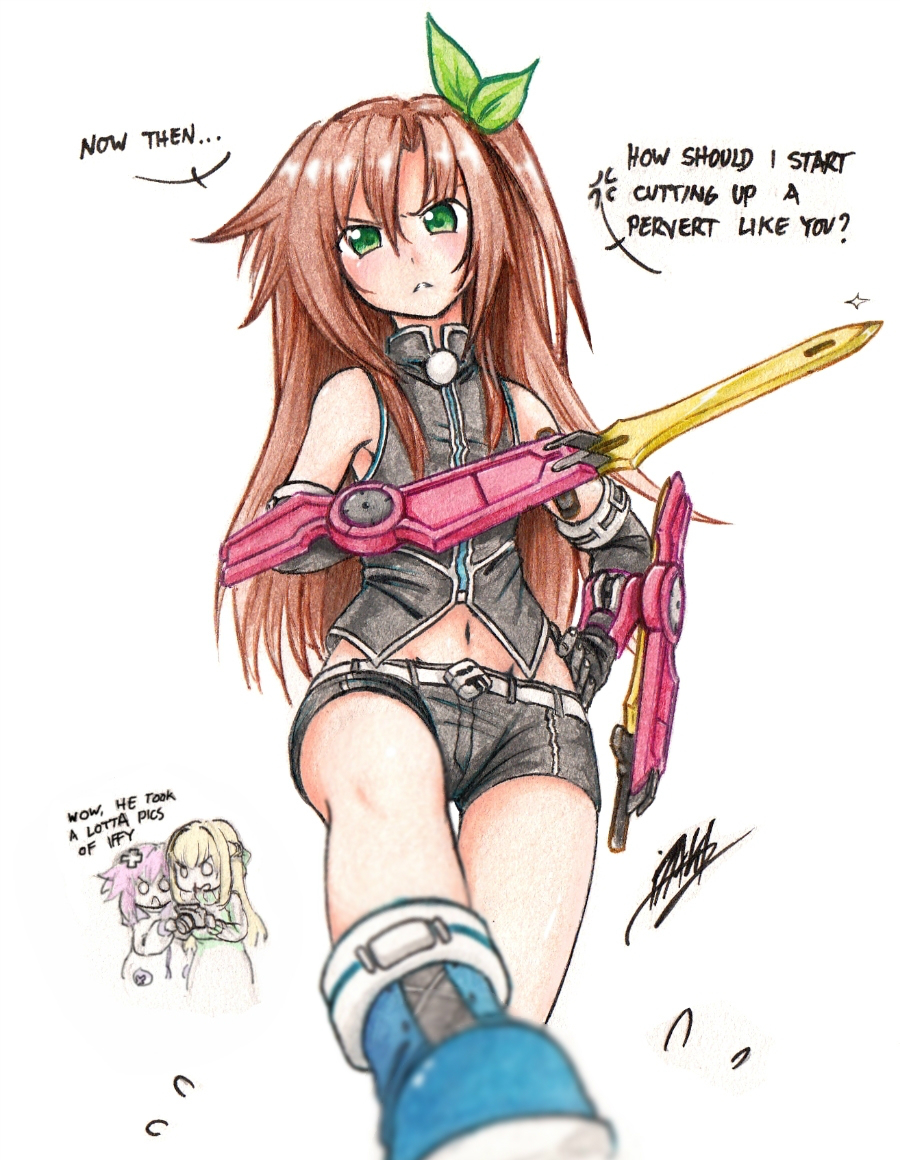 3girls, anger_vein, annoyed, belt, black_gloves, black_shirt, black_shorts, blade