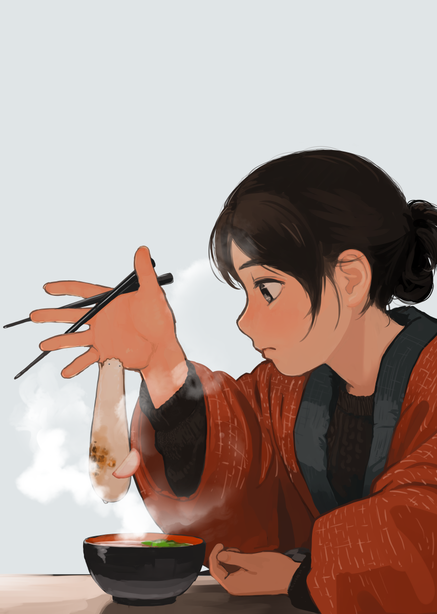1girl, akai_sashimi, animal, biting, chopsticks, dotera_(clothes), eating, food, hair_up, highres, japanese_clothes, mochi, original, solo, sweater, wagashi, what, zouni_soup