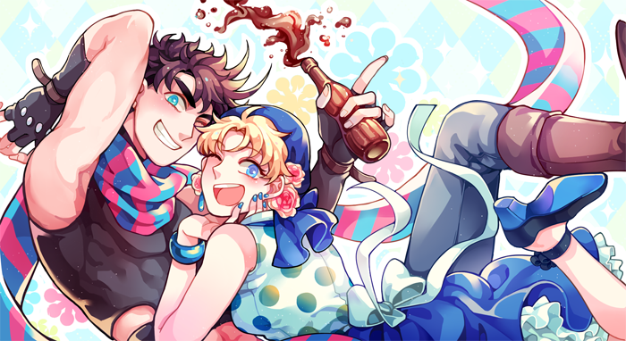 1boy, 1girl, akiae_(hayj14), apron, bandanna, blonde_hair, blue_eyes, blue_nails