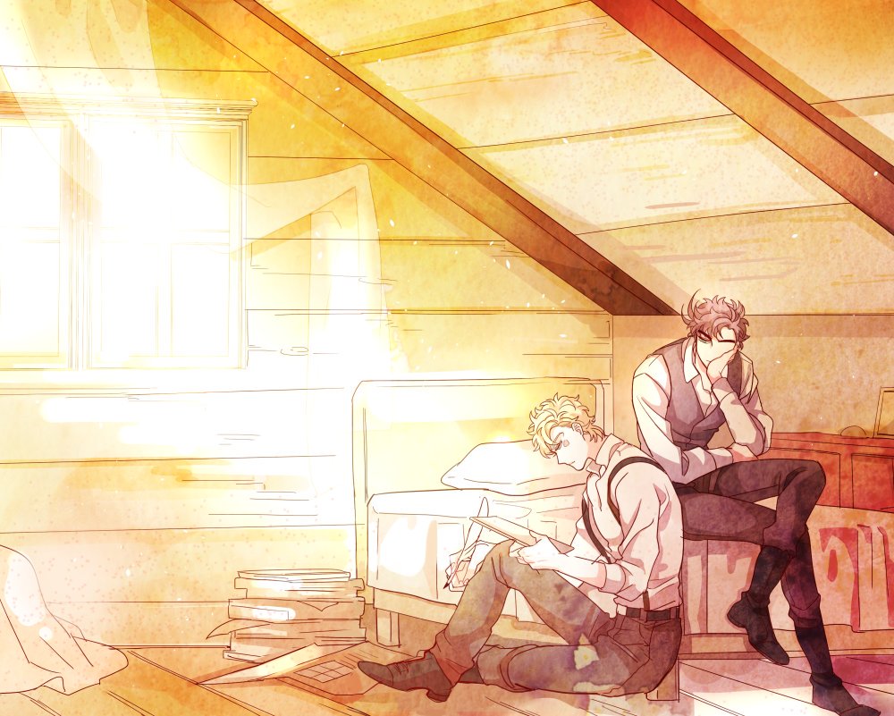 2boys, akiae_(hayj14), bed, black_boots, blonde_hair, boots, brown_hair, caesar_anthonio_zeppeli