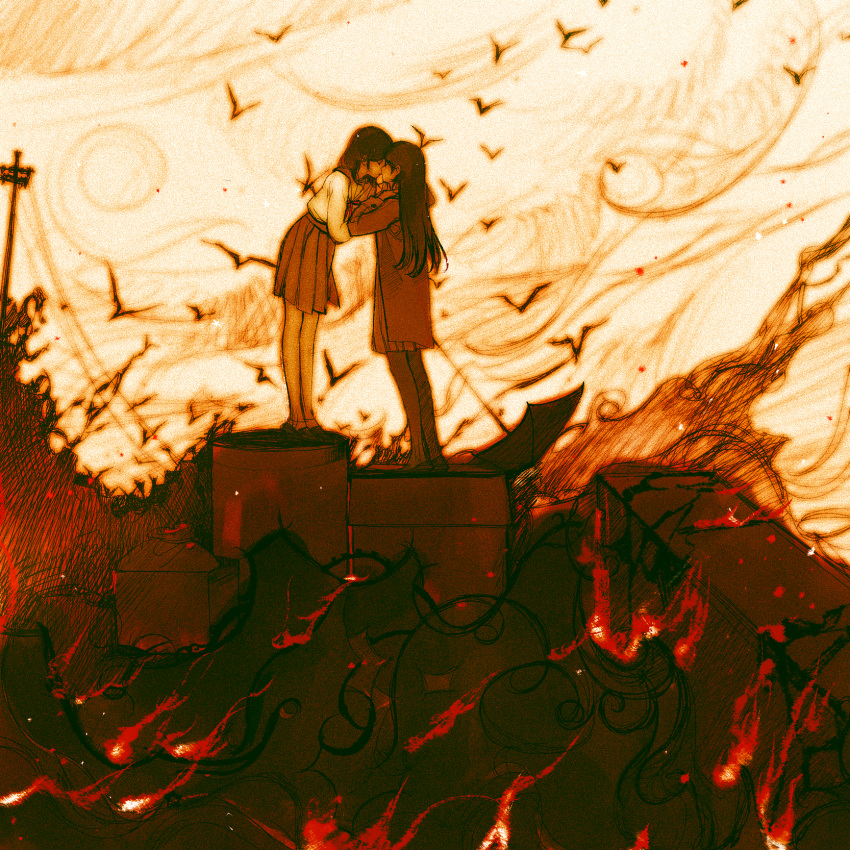 2girls, bird, blurry, closed_eyes, coat, commentary, fire, highres