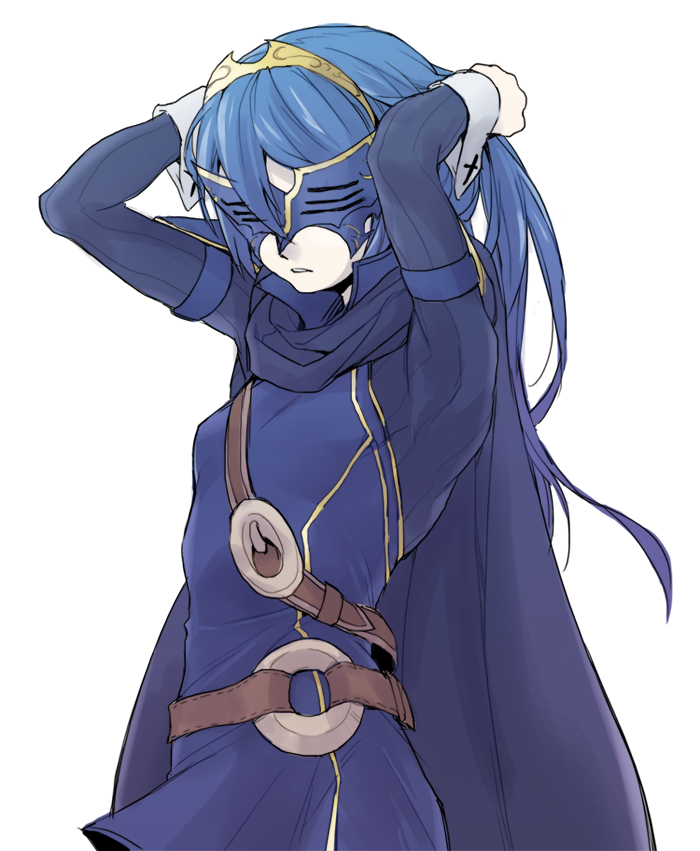1girl, adjusting_hair, arms_up, belt, blue_hair, cape, fire_emblem, fire_emblem:_kakusei