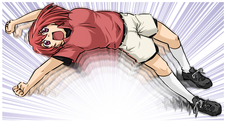 kneehighs, kushieda_minori, midair, red_eyes, red_hair, redhead, short_hair, shorts