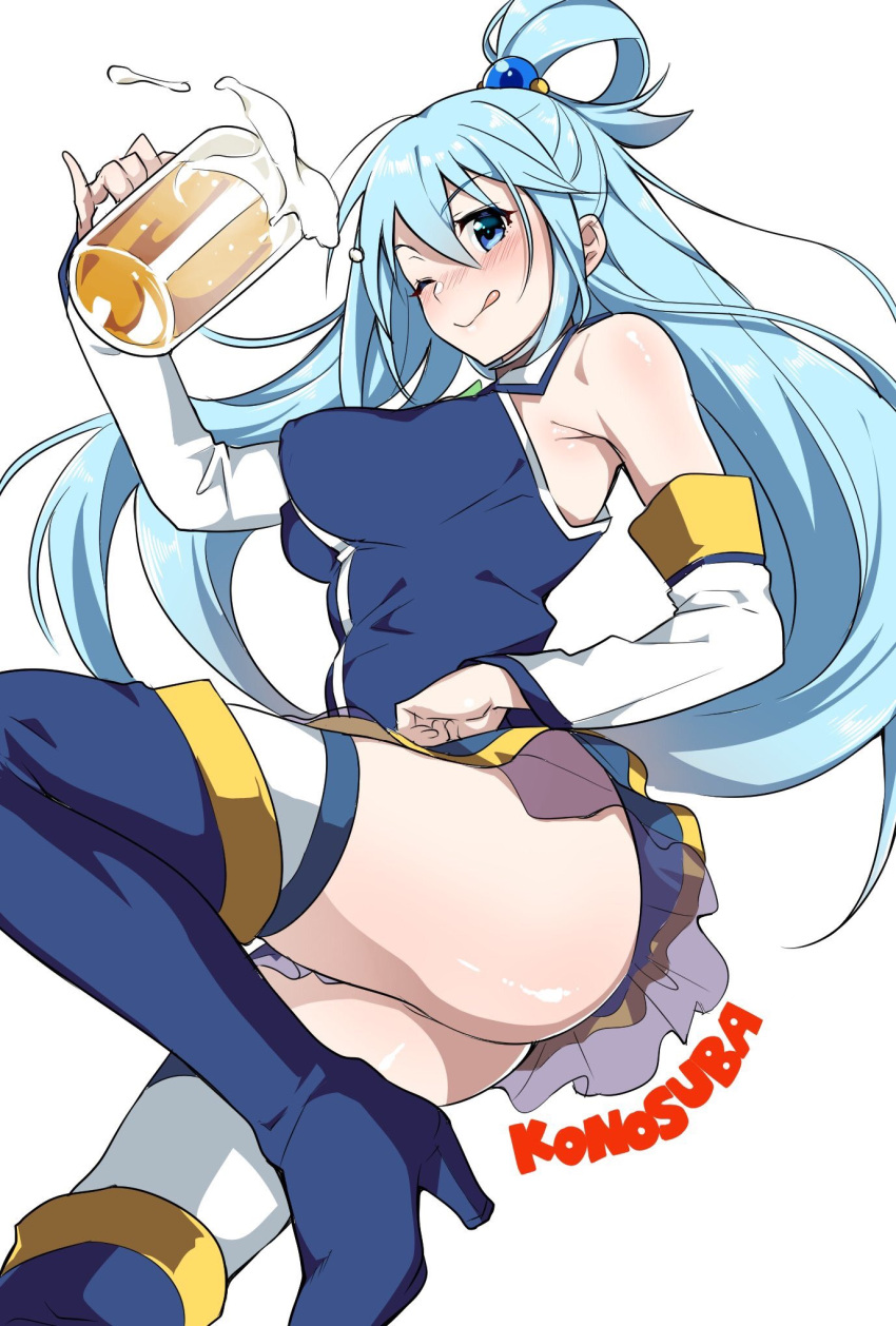1girl, ;q, alcohol, aqua_(konosuba), ass, beer, beer_mug, blue_eyes