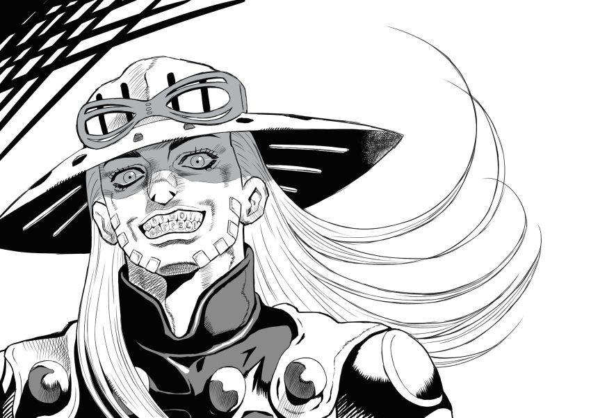 1boy, adam's_apple, araki_hirohiko_(style), cowboy_hat, crosshatching, facial_hair, grin, gyro_zeppeli