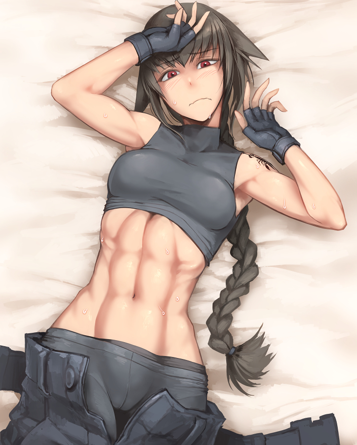 1girl, abs, bare_shoulders, bike_shorts, black_panties, blush, braid, brown_hair, embarrassed, fingerless_gloves, gloves, helevu, hetza_(hellshock), long_hair, looking_at_viewer, lying, midriff, navel, on_back, original, panties, red_eyes, solo, sweat, tattoo, toned, underwear
