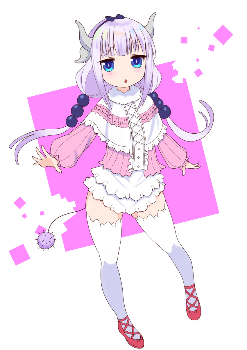 1girl, absurdres, bangs, beads, black_bow, black_hairband, blouse, blue_eyes, blunt_bangs, blush, bow, buttons, capelet, center_frills, chestnut_mouth, cross-laced_clothes, cross-laced_footwear, dragon_girl, dragon_horns, dress, eyebrows_visible_through_hair, frilled_capelet, frills, full_body, gothic_lolita, gradient, gradient_hair, hair_beads, hair_bow, hair_ornament, hairband, highres, horns, kanna_kamui, kobayashi-san_chi_no_maidragon, lavender_hair, legs_apart, lolita_fashion, long_hair, long_sleeves, low_twintails, microdress, multicolored_hair, open_mouth, pink_shoes, purple_hair, shoes, solo, standing, tail, tem+, thigh-highs, twintails, white_hair, white_legwear, zettai_ryouiki