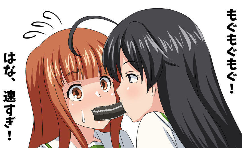2girls, ahoge, bangs, black_eyes, black_hair, blunt_bangs, blush, circle_echime