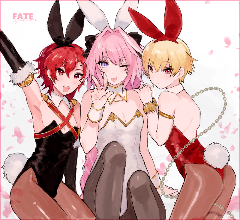 3boys, ;p, alexander_(fate/grand_order), ass, blonde_hair, blush, bunnysuit, child_gilgamesh