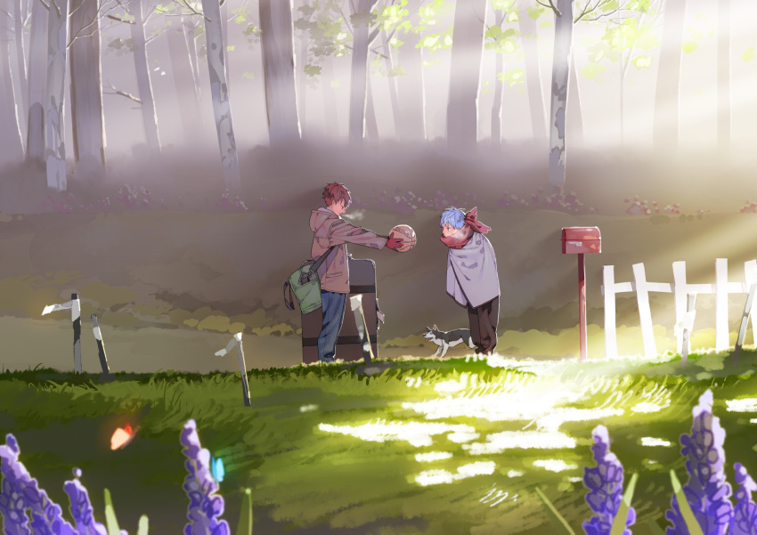 2boys, animal, bag, ball, basketball, bent_over, blanket, blue_eyes, blue_hair, blurry, breath, broken_fence, buckle, butterfly, cold, denim, depth_of_field, dog, eye_contact, fence, flower, forest, full_body, gloves, grass, ground, hana_bell_forest, height_difference, highres, holding, holding_ball, hood, hooded_jacket, jacket, jeans, kagami_taiga, kuroko_no_basuke, kuroko_tetsuya, leaf, light, long_sleeves, looking_at_another, looking_down, luggage, mailbox, male_focus, morning, multiple_boys, nature, offering, outdoors, pants, plant, pocket, red_eyes, redhead, romaji, scenery, standing, suitcase, sunlight, tetsuya_ni_gou, tree, tree_branch, wisteria, younger