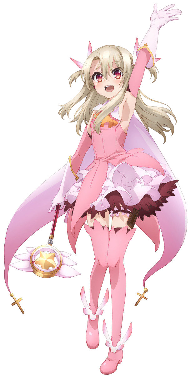 1girl, arm_up, black_legwear, blonde_hair, boots, cape, cross, detached_sleeves, dress, eyebrows_visible_through_hair, fate/kaleid_liner_prisma_illya, fate_(series), feathers, full_body, gloves, hair_between_eyes, hair_feathers, hair_ornament, highres, holding, illyasviel_von_einzbern, long_hair, magical_girl, magical_ruby, open_mouth, pink_boots, pink_dress, pink_feather, prisma_illya, red_eyes, solo, staff, thigh-highs, thigh_boots, thigh_strap, transparent_background, white_gloves