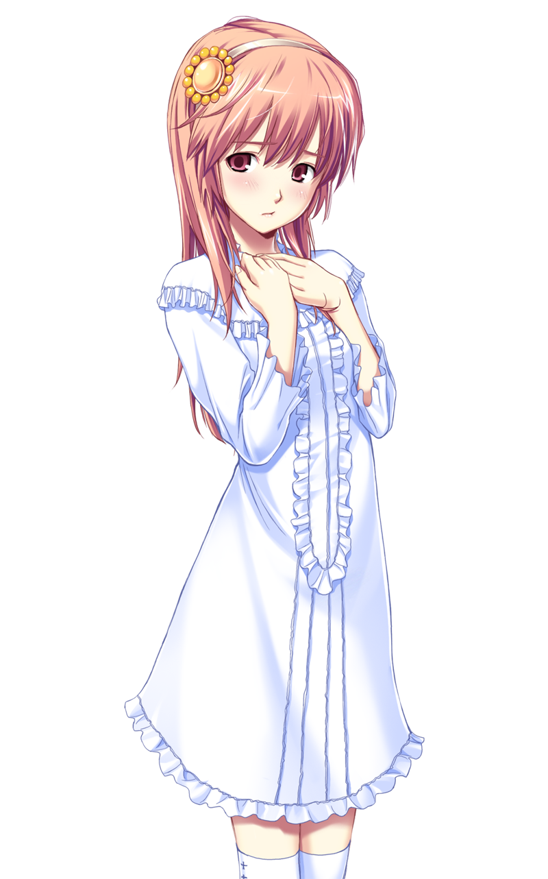 1girl, brown_eyes, brown_hair, circle_hitori, dress, hairband, highres, long_hair, looking_at_viewer, official_art, solo, soushinjutsu_3, standing, tachibana_ibuki, thigh-highs, transparent_background, white_dress, white_legwear
