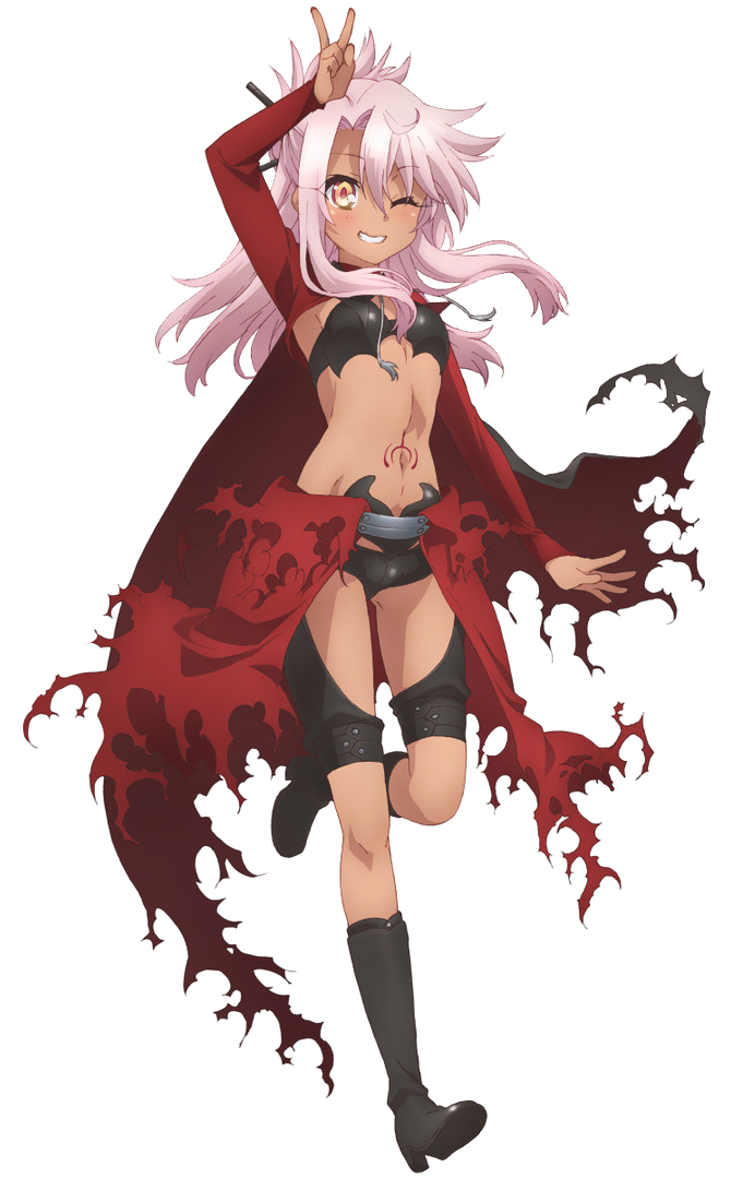 1girl, archer, archer_(cosplay), arm_up, armpits, black_boots, black_bra, black_panties, boots, bra, cape, chloe_von_einzbern, cosplay, dark_skin, detached_sleeves, fate/kaleid_liner_prisma_illya, fate_(series), flat_chest, full_body, grin, hair_between_eyes, long_hair, midriff, navel, navle, one_eye_closed, one_leg_raised, panties, pink_hair, smile, solo, strapless, strapless_bra, tattoo, torn_cape, transparent_background, underwear, v, yellow_eyes