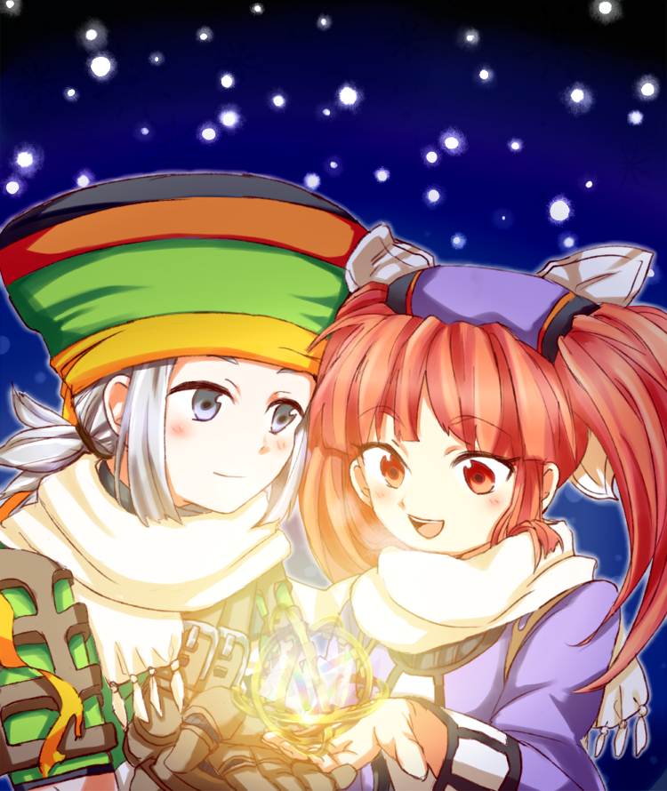 1boy, 1girl, blue_eyes, blush, dewprism, gloves, hat, long_hair