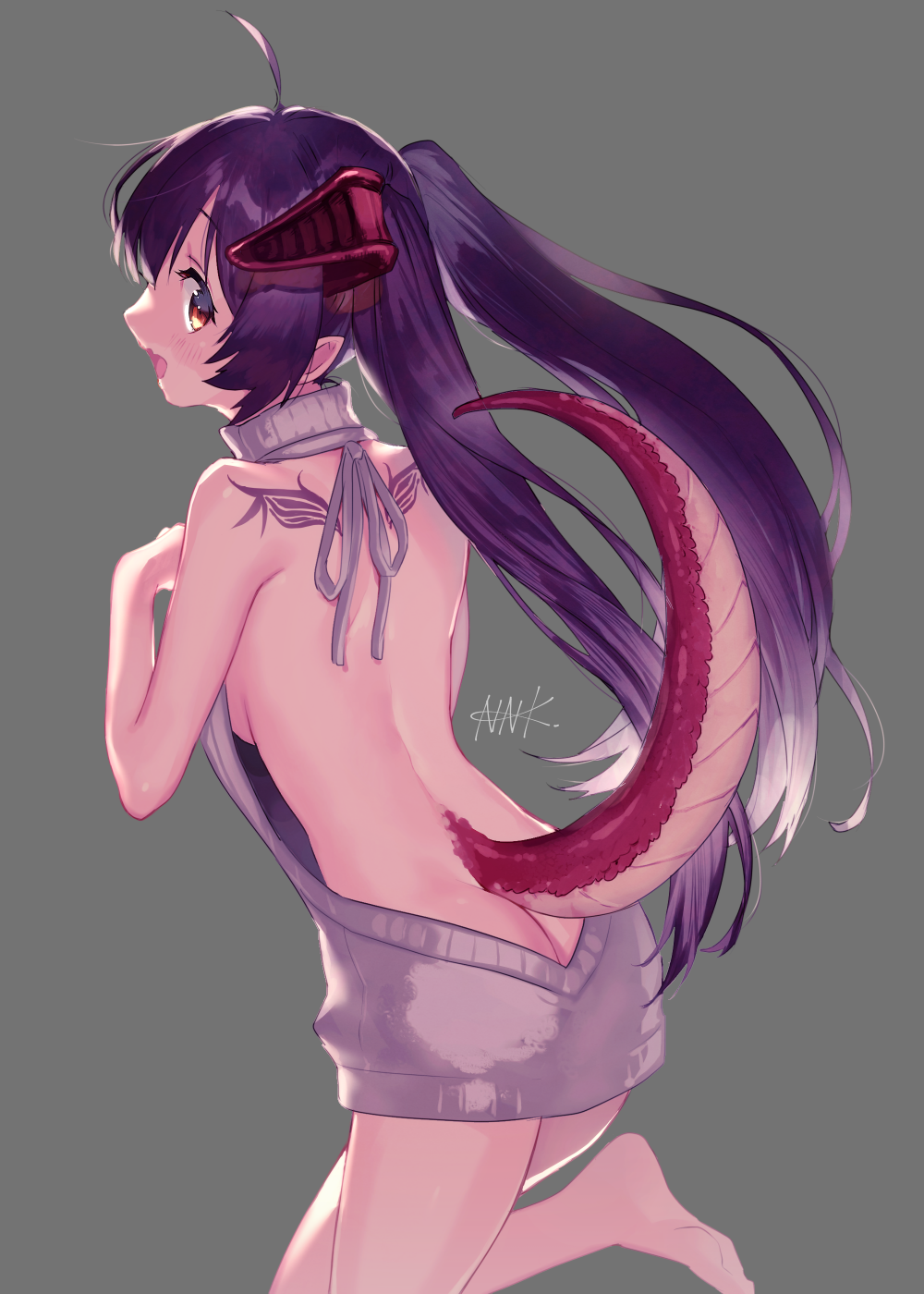 1girl, ahoge, ass, back, back_tattoo, backless_outfit, bangs, bare_back