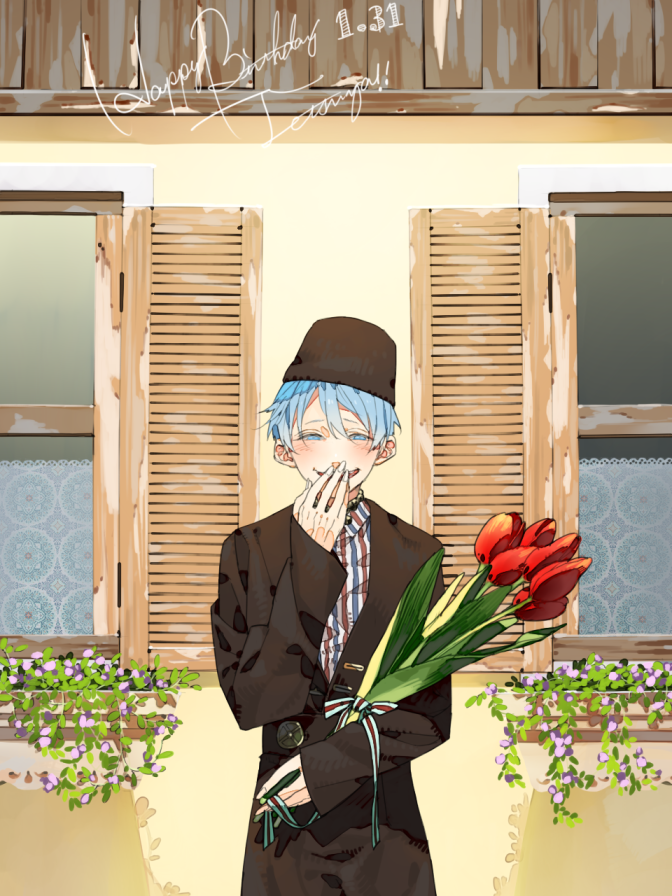 1boy, :d, belt, blue_eyes, blue_hair, blush, bouquet, character_name, collar, collared_shirt, commentary, cowboy_shot, dated, dutch_clothes, english, european_clothes, eyebrows, fingernails, flower, hair_between_eyes, hana_bell_forest, hand_to_own_mouth, happy, happy_birthday, hat, holding, holding_bouquet, house, kuroko_no_basuke, kuroko_tetsuya, lace, leaf, long_fingers, long_sleeves, male_focus, open_mouth, open_window, outdoors, plant, ribbon, romaji, rooftop, shadow, shirt, smile, striped, striped_ribbon, striped_shirt, traditional_clothes, tulip, vertical-striped_shirt, vertical_stripes, wall, window, window_box, wisteria