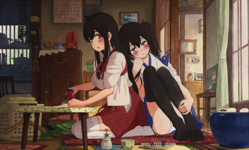 2girls, akagi_(kantai_collection), bangs, bent_knees, black_legwear, blue_skirt, blush, breasts, brown_eyes, brown_hair, bucket, carpet, chair, food, full_body, furniture, hakama, hakama_skirt, indoors, ironing, ironing_board, japanese_clothes, kaga_(kantai_collection), kantai_collection, lantern, leaning_on_person, long_hair, looking_at_another, looking_to_the_side, medium_breasts, miniskirt, multiple_girls, open_mouth, panties, red_skirt, ribbon, shijukara_(great_tit), short_hair, side_ponytail, sitting, skirt, sliding_doors, straight_hair, table, traditional_media, underwear, watercolor_(medium), white_panties, window, yellow_eyes, yuri