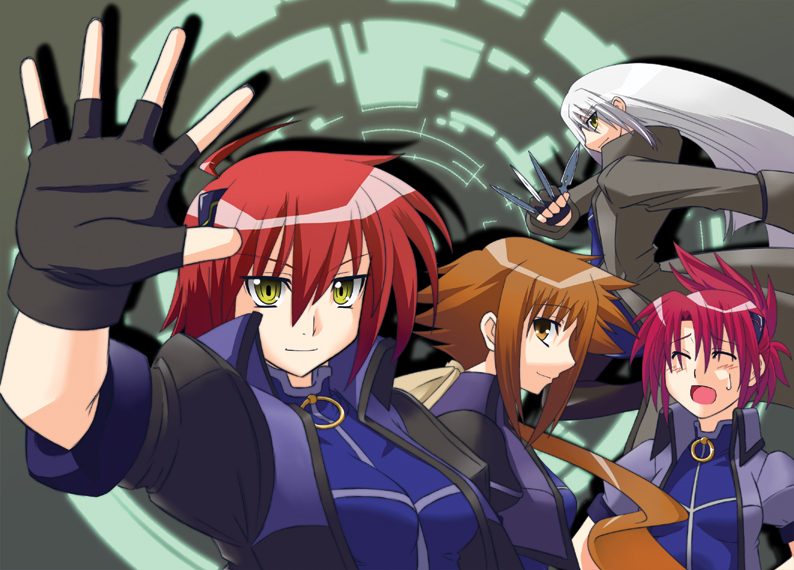 bodysuit, brown_eyes, brown_hair, cinque, closed_eyes, dieci, fingerless_gloves, gloves