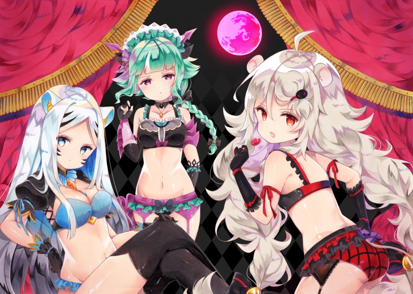 3girls, :/, aireen_(show_by_rock!!), animal_ears, argyle, argyle_background, arm_behind_back, ass