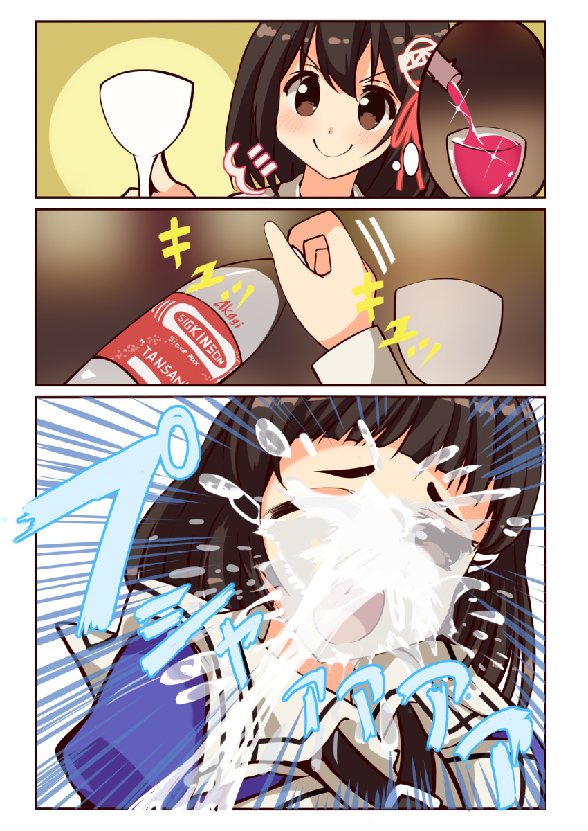 2girls, 3koma, alcohol, black_hair, blush, brown_eyes, comic, cup