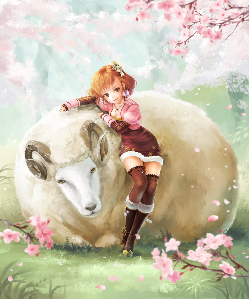 1girl, boots, brown_boots, brown_dress, brown_eyes, brown_hair, brown_legwear, cherry_blossoms, dress, earrings, grass, hair_ornament, jewelry, looking_at_viewer, matsumura_(30003), necklace, original, outdoors, sheep, short_hair, standing, striped_sleeves, thigh-highs