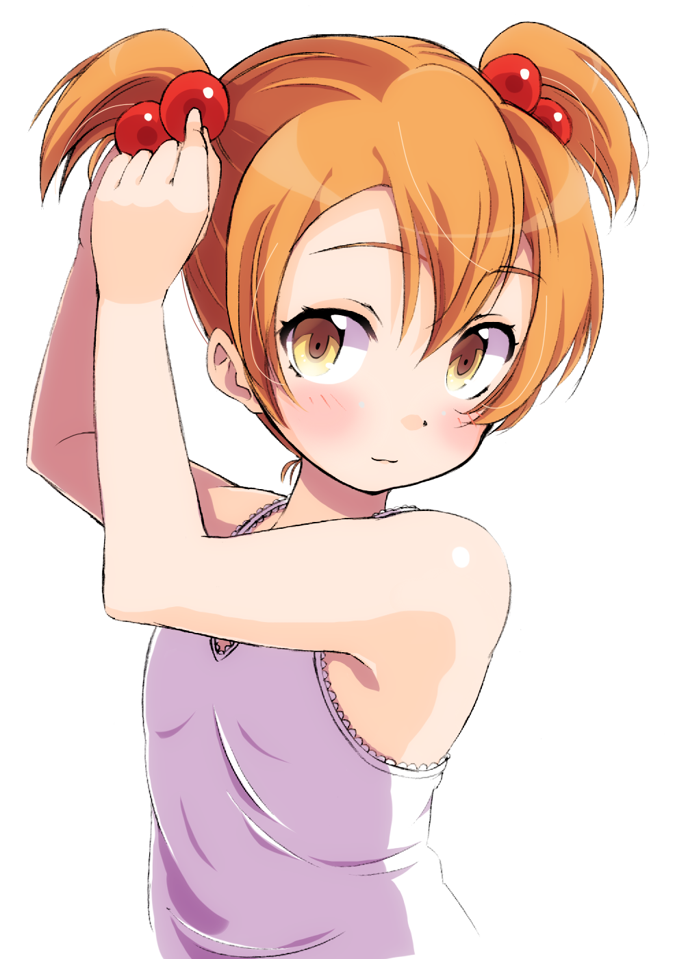 1girl, :3, adjusting_hair, alternate_costume, bangs, bare_arms, bare_shoulders, blush