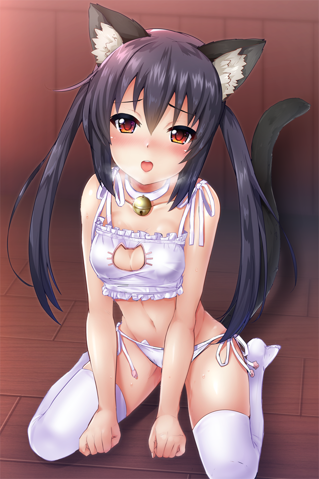 1girl, animal_ears, arms_at_sides, bangs, bell, bell_choker, bell_collar, between_breasts