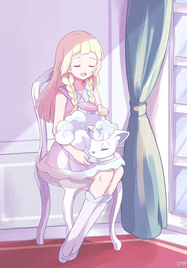 1girl, alola_form, alolan_vulpix, blonde_hair, braid, brush, chair, closed_eyes