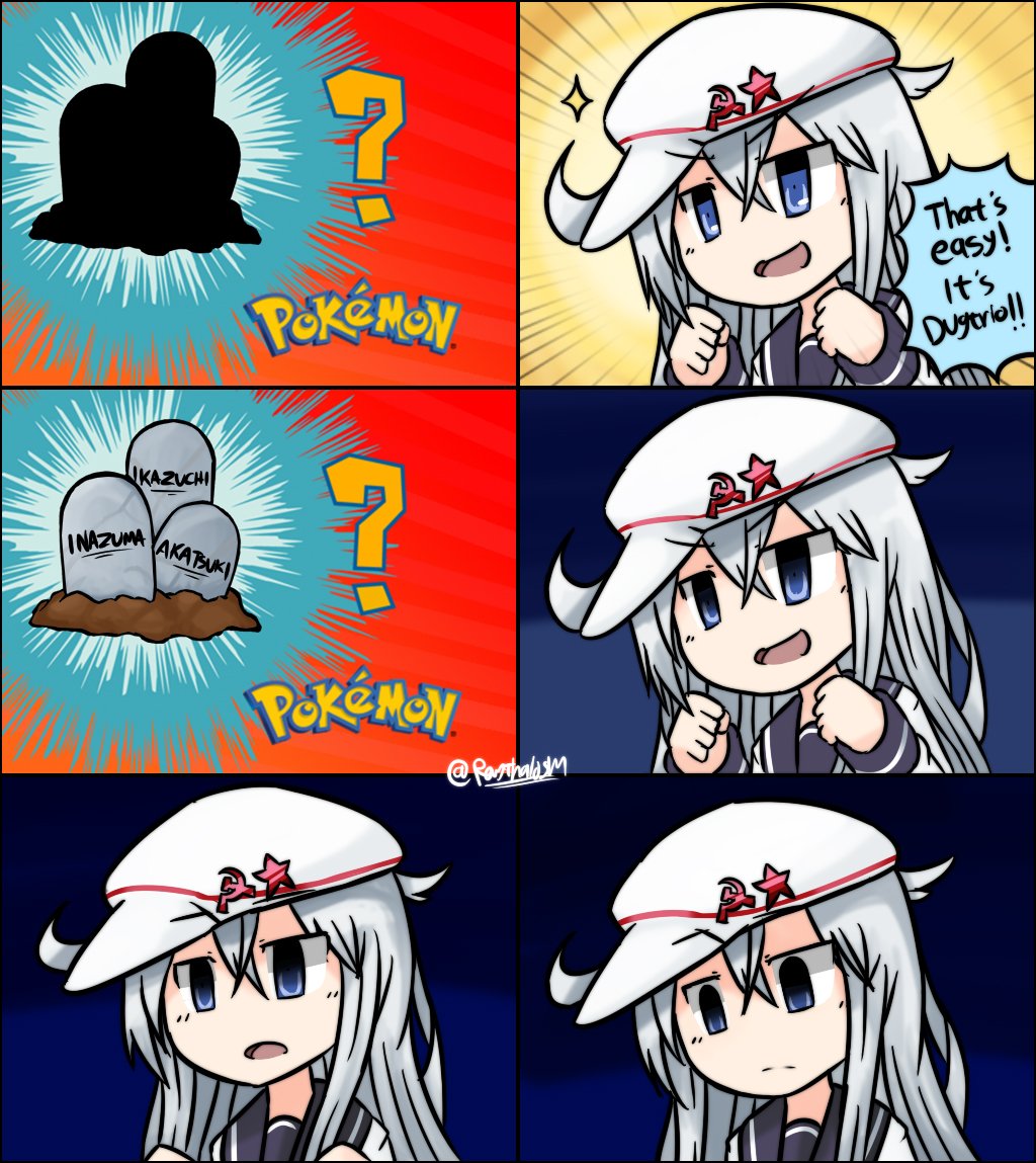 1girl, :d, :o, ?, artist_name, blue_eyes, depressed, english, flat_cap, hammer_and_sickle, hat, hat_ornament, hibiki_(kantai_collection), kantai_collection, long_hair, open_mouth, parody, pokemon, raythalosm, sad, school_uniform, silver_hair, smile, sparkle, star, surprised, tombstone, twitter_username, verniy_(kantai_collection), white_hat
