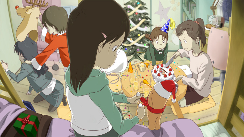black_hair, brown_eyes, brown_hair, christmas, christmas_lights, christmas_tree, dennou_coil, densuke