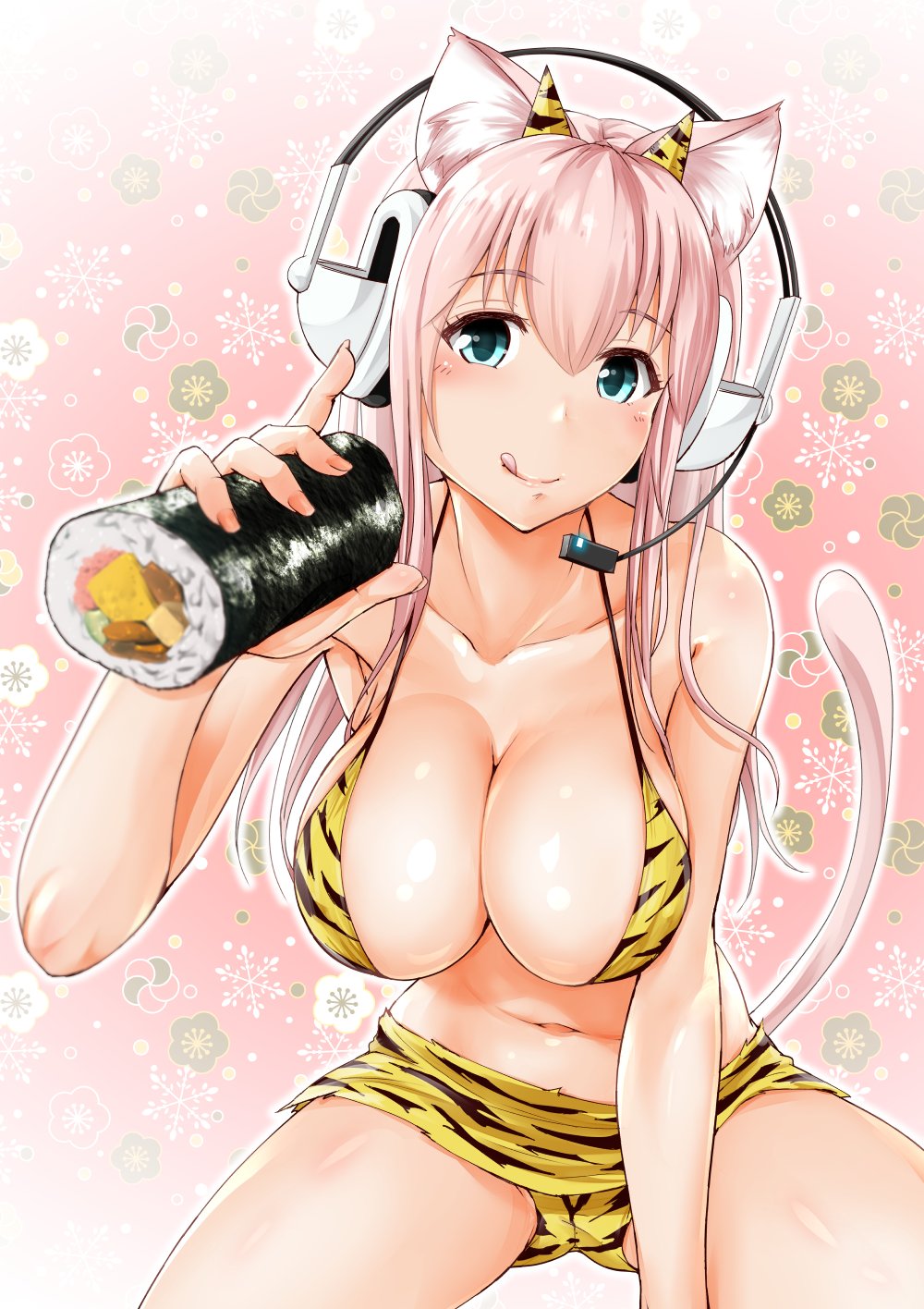 1girl, animal_ears, animal_print, bikini, blush, breasts, cat_ears, cat_tail