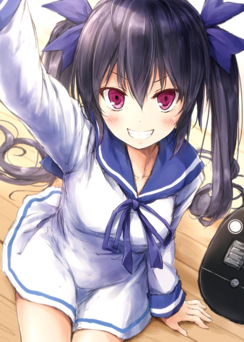 1girl, bangs, black_hair, black_ribbon, blush, breasts, chunithm, collarbone