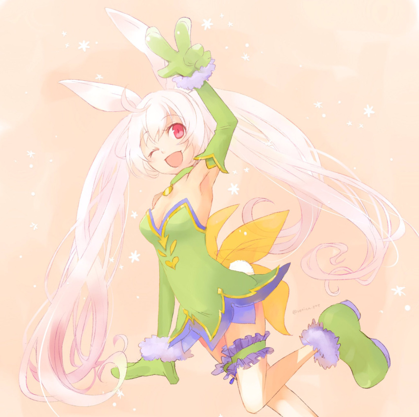 1girl, animal_ears, blush, bunny_tail, dress, fairy_wings, highres, kirara_ookami, long_hair, one_eye_closed, pink_hair, pop-up_story, rabbit_ears, red_eyes, smile, solo, tail, twintails, vetica, white_hair, wings