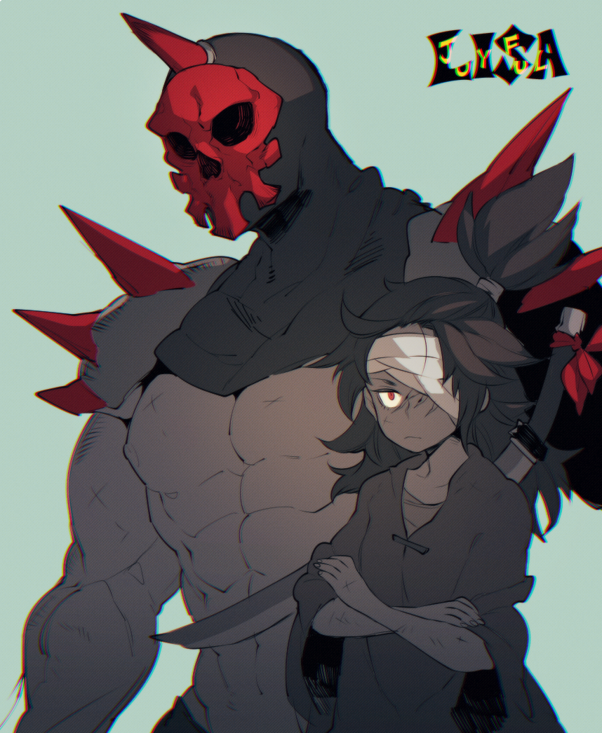 1boy, 1girl, age_difference, bandage, buddy_(lisa), chromatic_aberration, copyright_name, crossed_arms