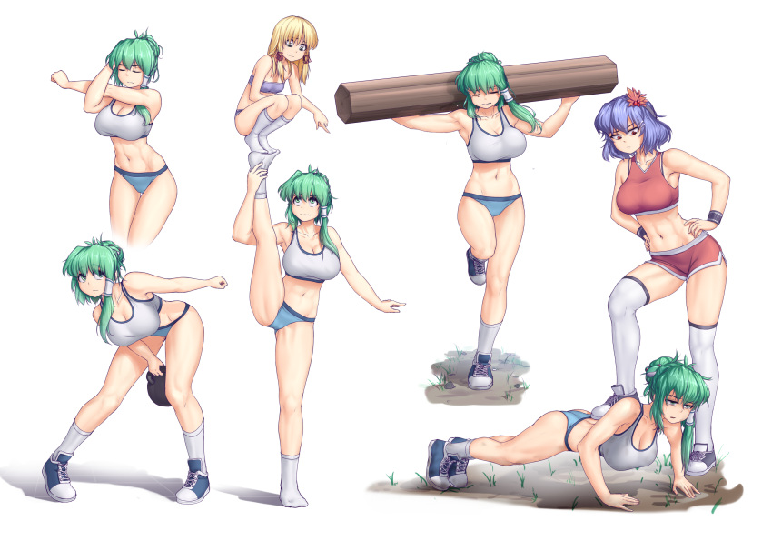 3girls, abs, absurdres, bare_shoulders, blonde_hair, blue_hair, breasts, carrying, cleavage, closed_eyes, crop_top, exercise, feet_together, foot_on_back, frog_hair_ornament, frown, green_eyes, green_hair, hair_bun, hair_ornament, hair_ribbon, hair_tubes, hair_up, hands_on_hips, hater_(hatater), highres, kochiya_sanae, large_breasts, leaf_hair_ornament, leaning_forward, leg_up, long_hair, looking_to_the_side, looking_up, moriya_suwako, multiple_girls, multiple_views, navel, onbashira, push-ups, red_eyes, ribbon, running, shoes, short_hair, simple_background, sneakers, socks, split, standing, standing_on_one_leg, stomach, stretch, tank_top, tears, thigh-highs, toned, touhou, weights, white_background, white_legwear, wristband, yasaka_kanako