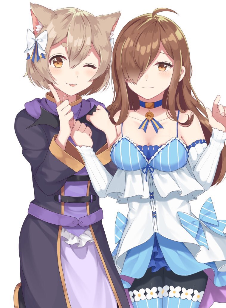1boy, 1girl, ;3, ;p, ahoge, animal_ears, arms_at_sides, babydoll