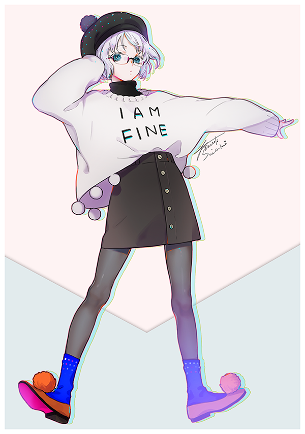 1girl, :o, artist_name, bangs, beanie, black_hat, black_legwear, black_skirt