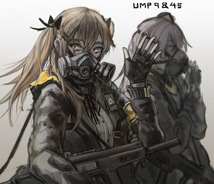 2girls, brown_eyes, brown_hair, character_name, f_and_d, fingerless_gloves, gas_mask, girls_frontline