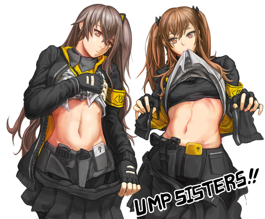 2girls, armband, brown_eyes, brown_hair, cellphone, f_and_d, fingerless_gloves, girls_frontline