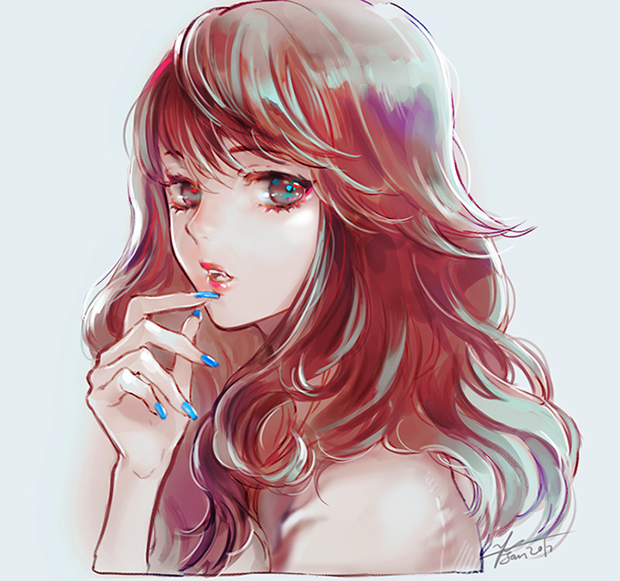 1girl, bangs, black_eyes, blue_nails, brown_hair, eyebrows_visible_through_hair, eyelashes, fangs