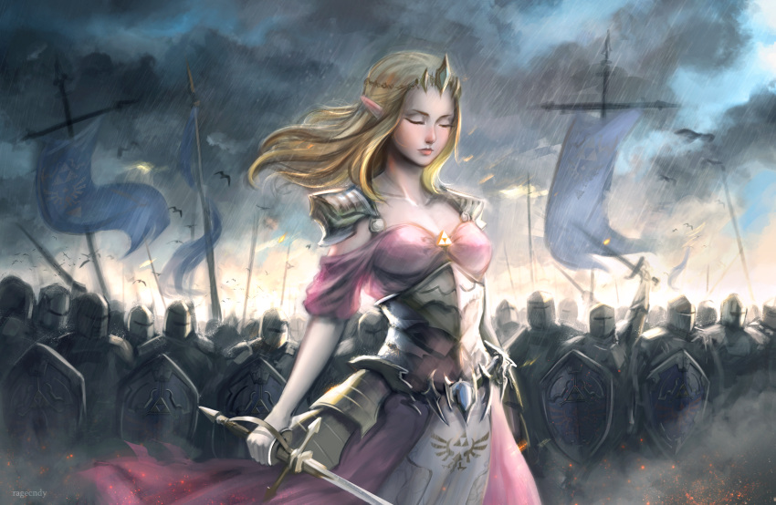 1girl, absurdres, armor, armored_dress, army, blonde_hair, breasts, cleavage