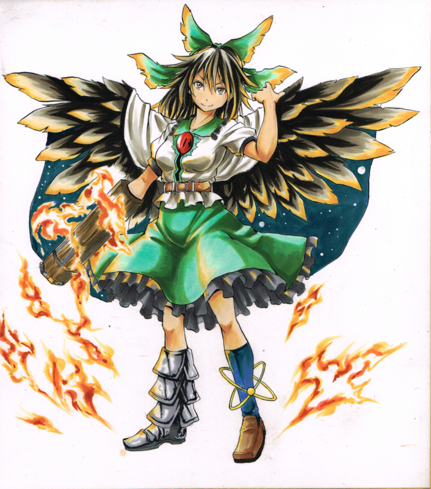 1girl, arm_cannon, belt, black_hair, black_legwear, black_wings, blouse, bow