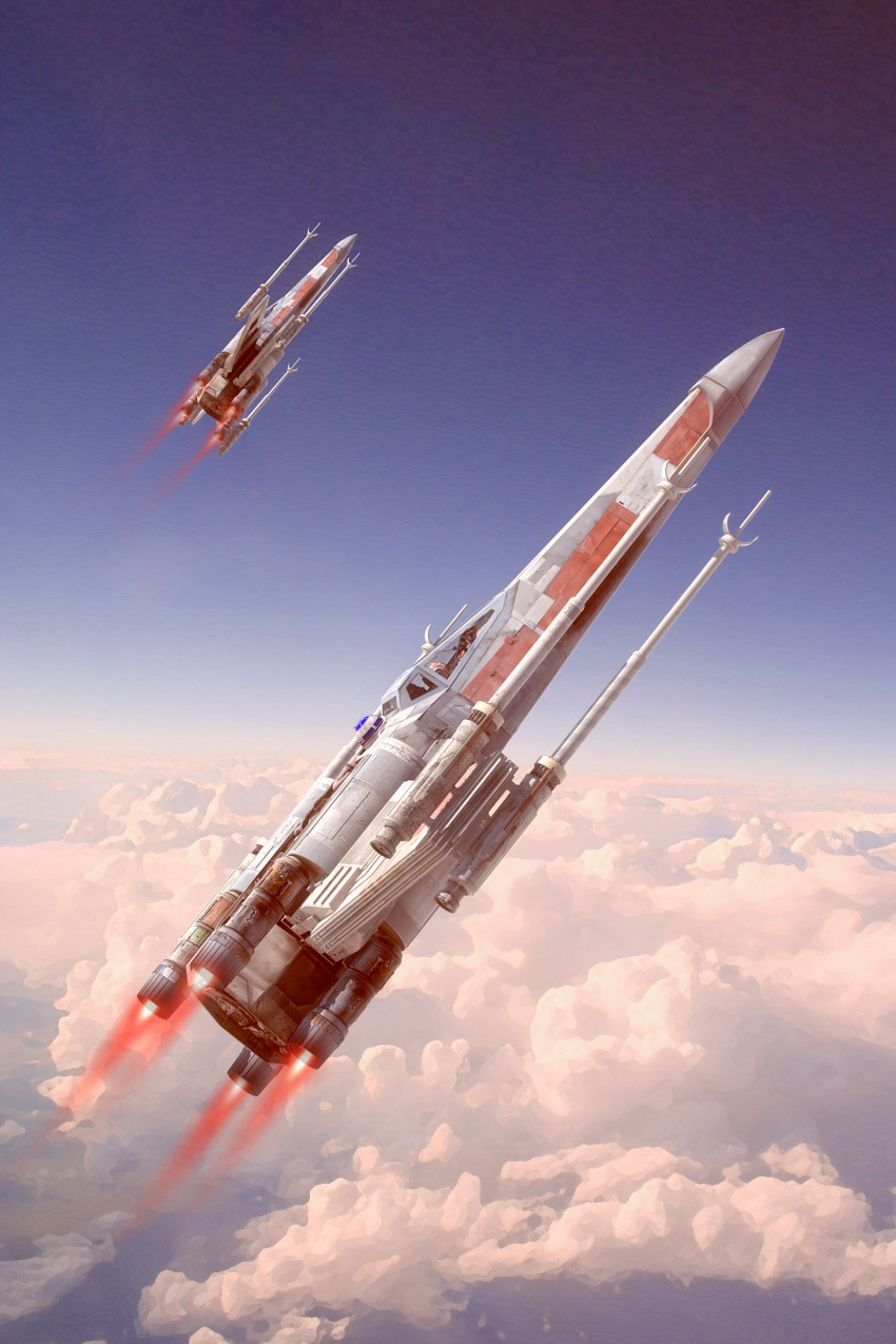 absurdres, astromech_droid, clouds, flying, graham_t.g., highres, r2-d2, realistic