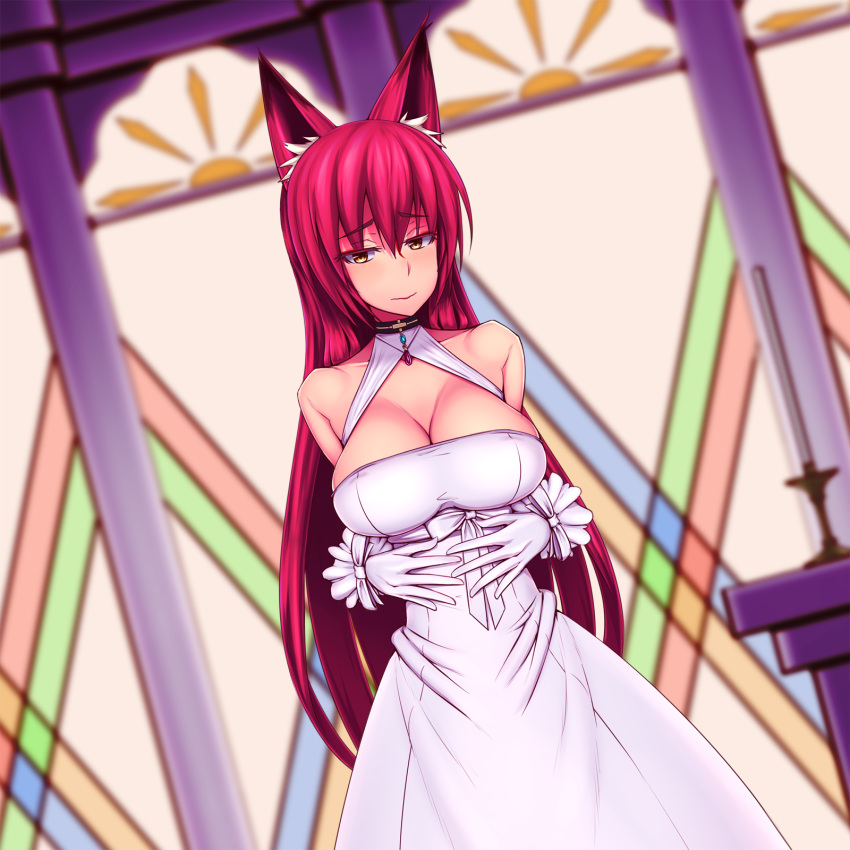 1girl, 89_(hakkyuu), animal_ears, bare_shoulders, breasts, bride, candle, cleavage