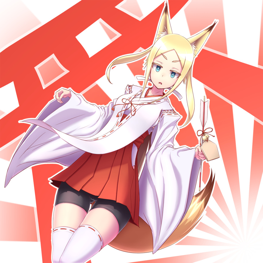1girl, 89_(hakkyuu), animal_ears, arrow, bangs, bike_shorts, black_shorts, blonde_hair