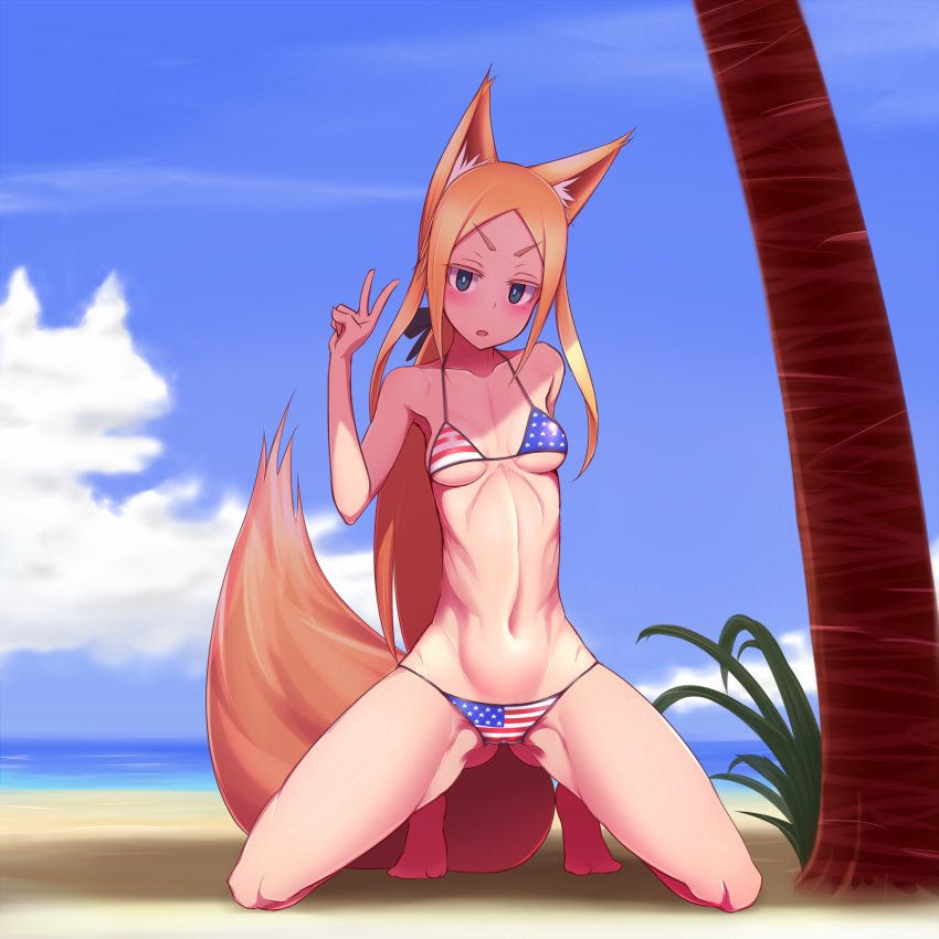 1girl, 89_(hakkyuu), american_flag_bikini, animal_ears, arm_behind_back, bangs, barefoot, beach