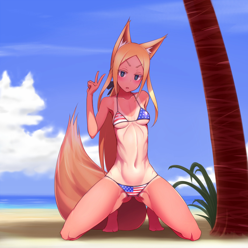 1girl, 89_(hakkyuu), american_flag_bikini, animal_ears, arm_behind_back, bangs, barefoot, beach